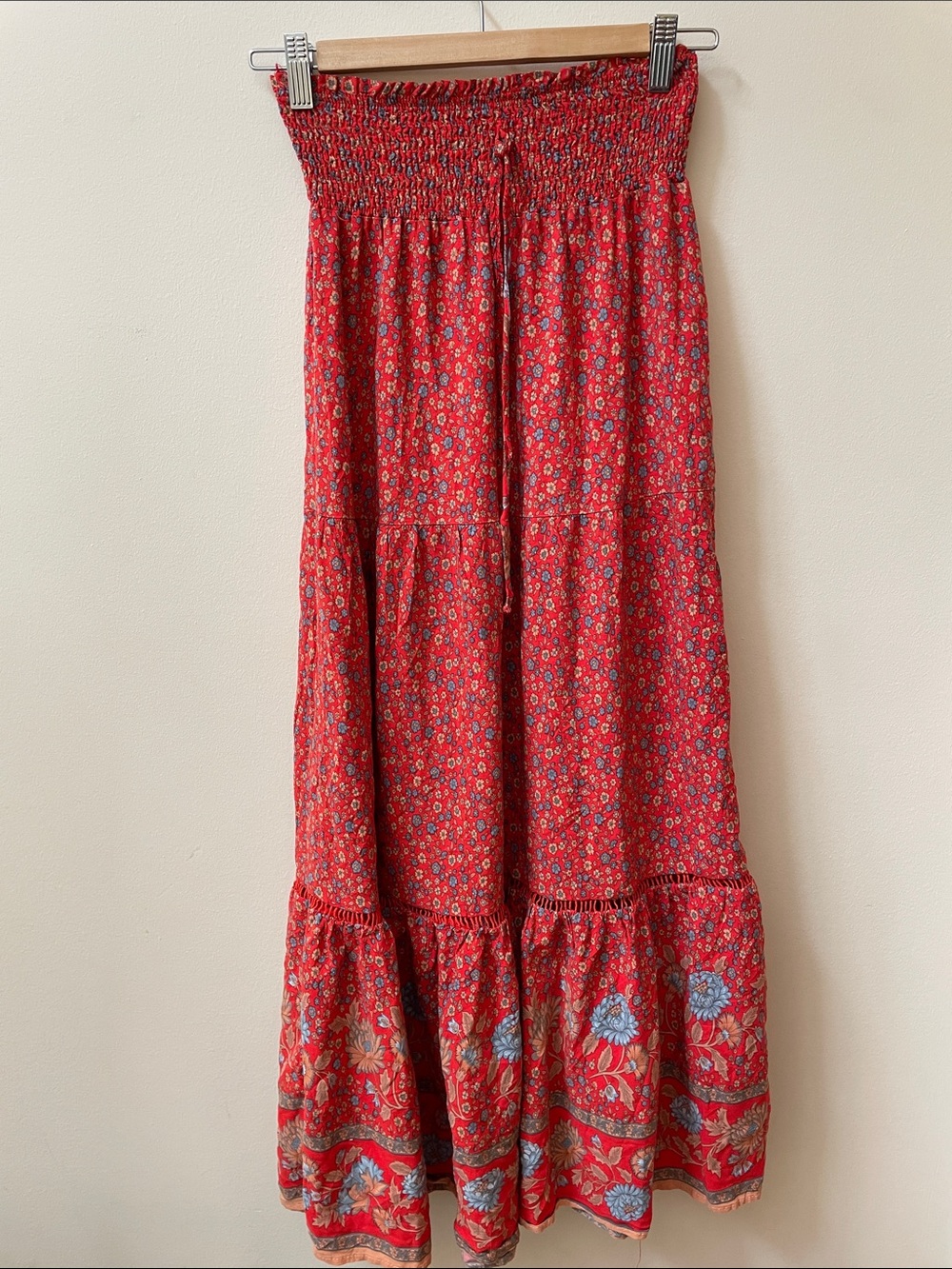 Rose Red Boho Floral Print Smocked Tiered Maxi Skirt